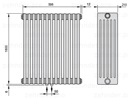 Схема (чертеж) Радиатор Zehnder Charleston 6180/13 №3470 Белый глянцевый RAL 9016